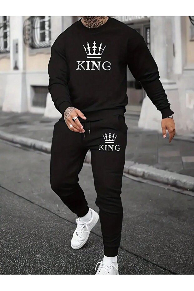 3 Thread Crown King Sweatshirt Jogger - Black Printed Bottom Top Tracksuit Set Crew Neck