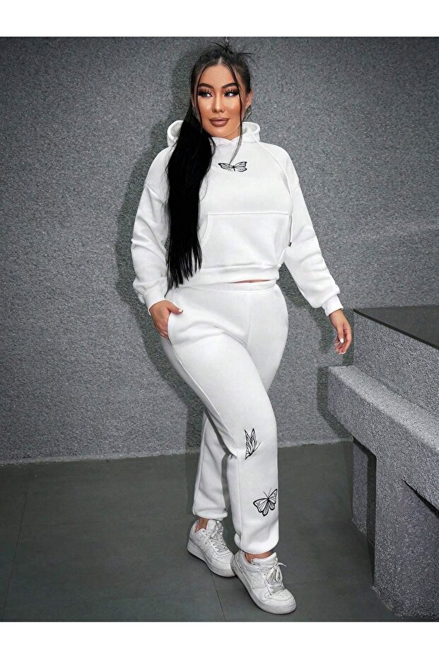 3 Thread Butterfly Sweatshirt Sweatpants Jogger - White Printed Top and Bottom Tracksuit Set with Hood