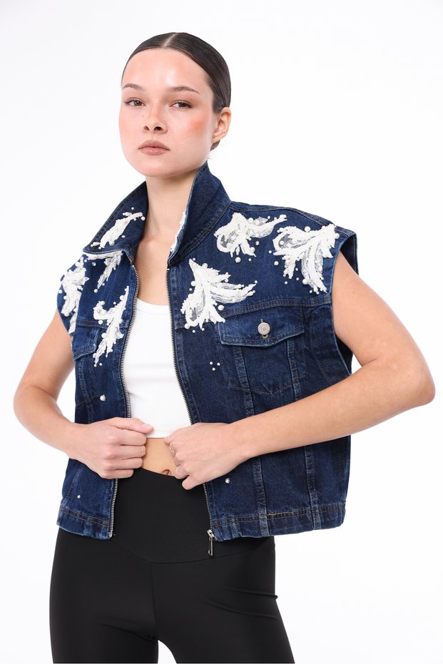 Women's Designer Denim Vest with Pech Lace Embroidery Detail, Blue Oversize Bomber Vest