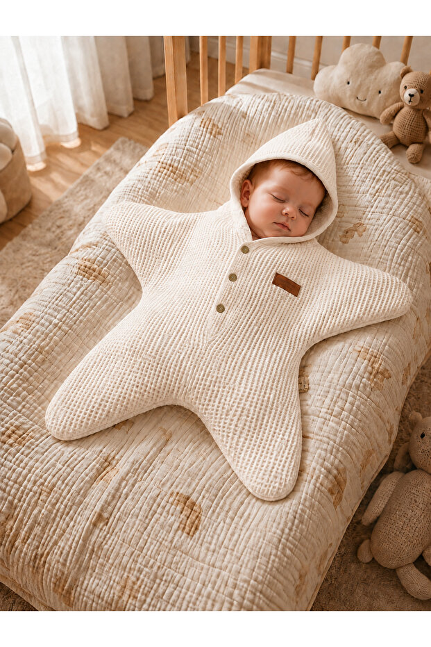 Star Shaped Baby Romper 0-6 Months Unisex Hooded Waffle Textured Cotton Fabric