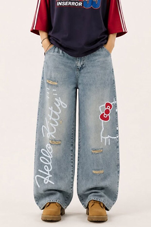 Blue Hello Kitty Stonewashed Gothic Y2K Unisex Baggy Pants