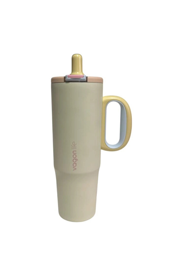 Double Use Cup/Termos with Steel Straw or Without Straw and Handle Vgn1114 1200ml - Yellow