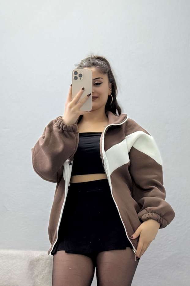 Women's 3 Thread Oversize Zippered Sweatshirt Brown Ecru
