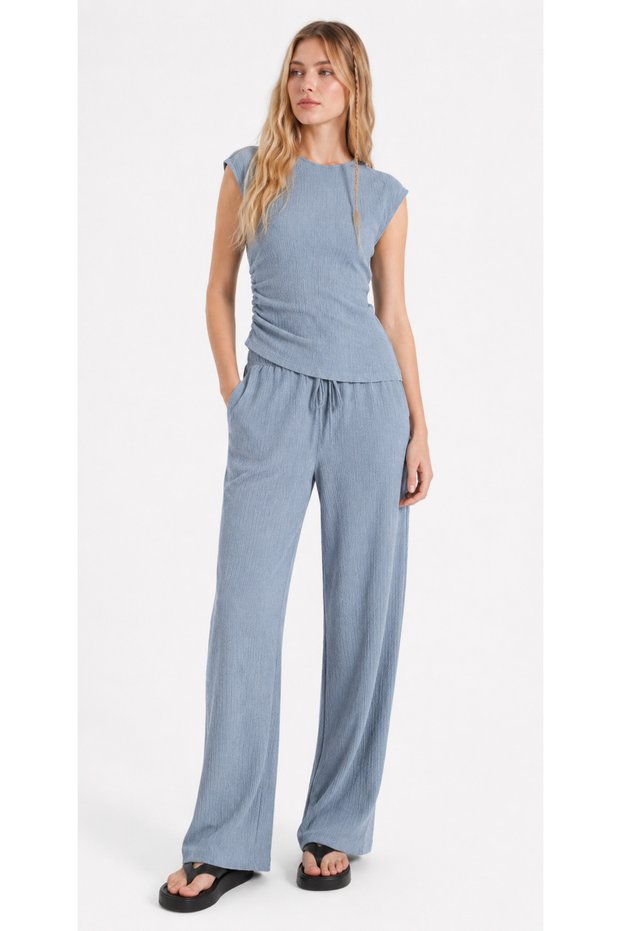Blue Wrinkled Fabric Side Gathered Detailed Blouse and Trousers Set