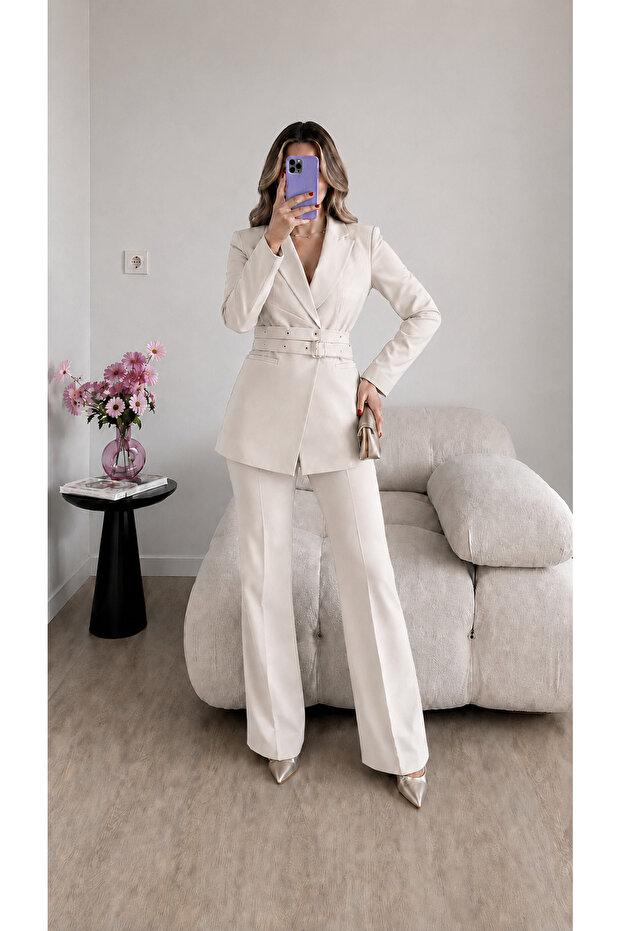 Eyelet Belted Jacket and Trousers Double Blazer Suit