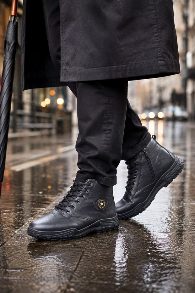 Men's Black Outdoor Boots Lace-Up Zippered Thick Sole Ankle Boots City Style