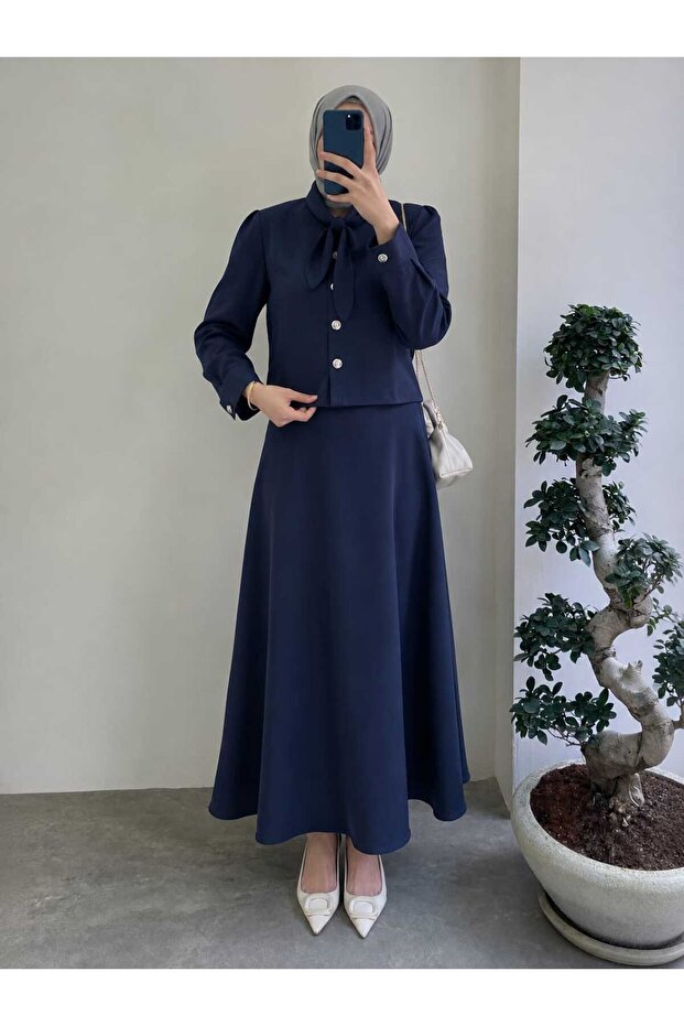 Navy Blue Bow Collar Detailed Hijab Jacket Skirt Set
