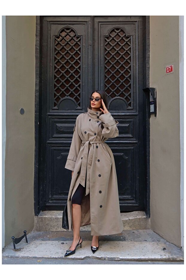 High Collar Belted Long Trench