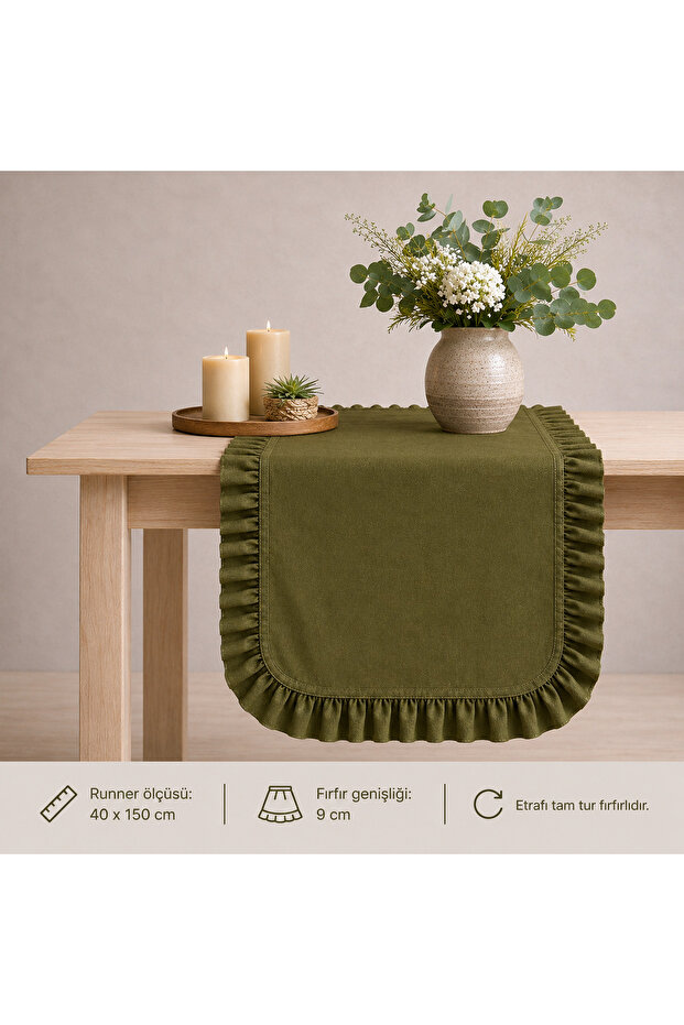 Organic Raw Linen Ruffled Table Runner 40X150 cm - Buldan Woven Linen Decorative Tablecloth