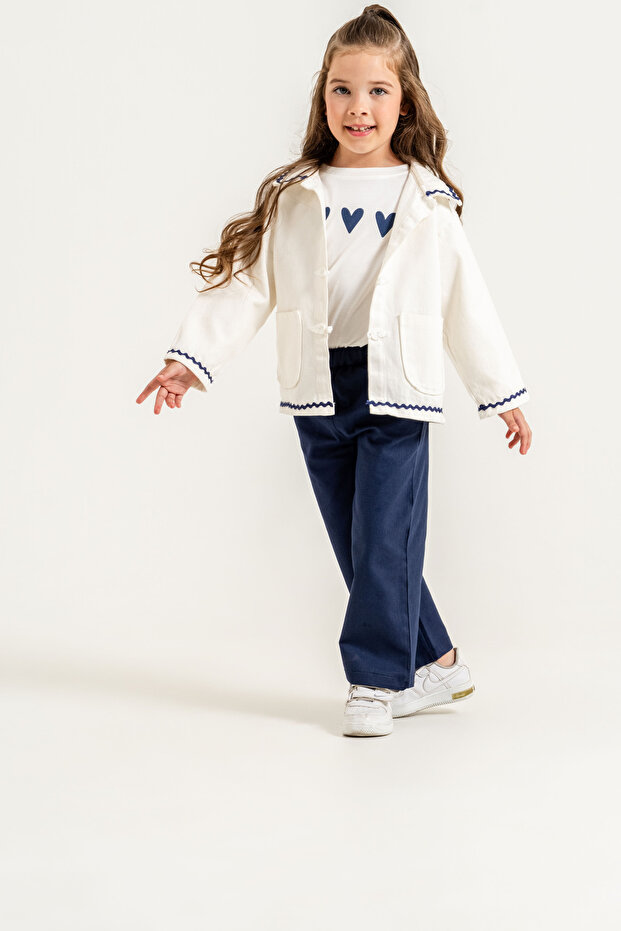 Girl's Heart Printed T-Shirt, Piping Detailed Jacket and Embroidered Wide-Leg Trousers 3-Piece Set 9110 Spr