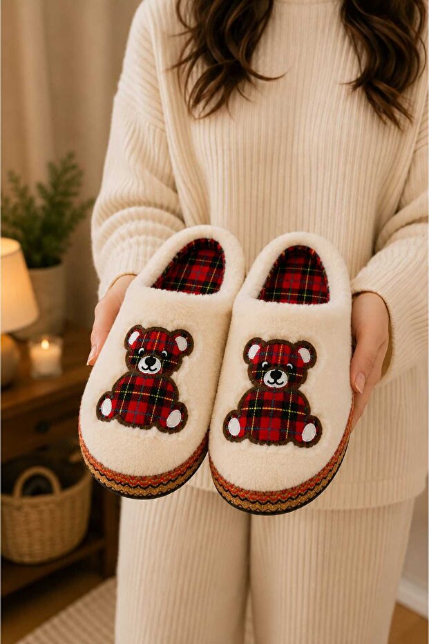 Unisex, Plaid Patterned, Bear Figured, Soft, Plush Winter House Slippers