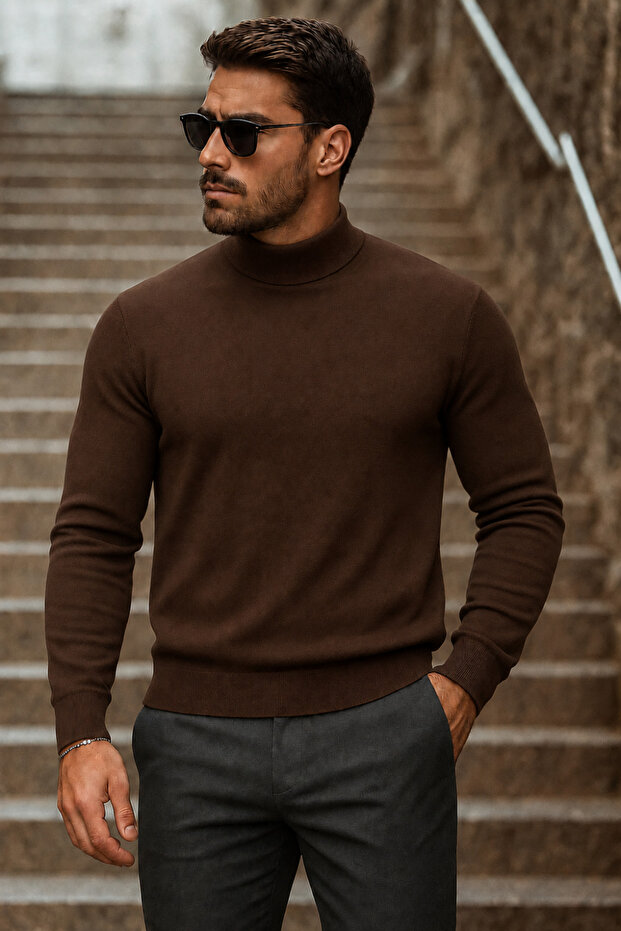 Men's Half-Throat Premium Brown Knitwear Sweater