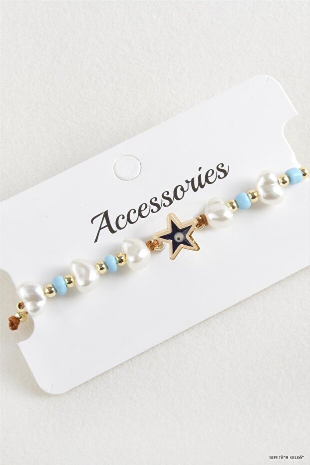 Spt-Gld Starfish Bead Pearl Macrame Rope (234158) Bracelet Blue