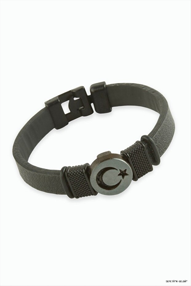 Spt-Gld Moon Star Quality Faux Leather (125643) Bracelet Black