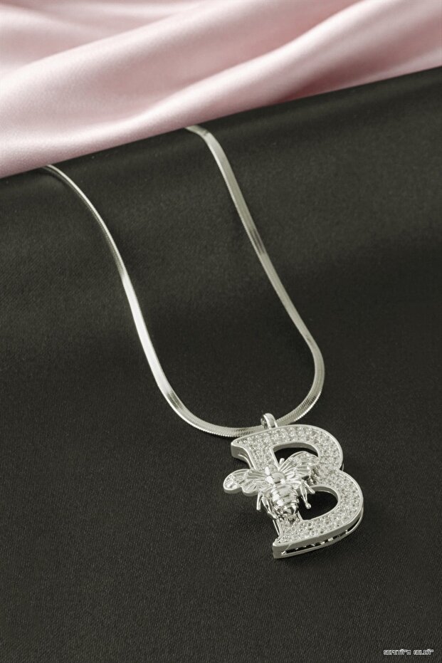 Spt-Gld Bee Zircon Stone Silver Color Lettered Steel (131043) Necklace B