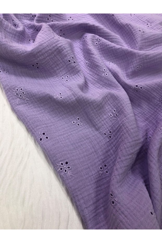 Lilac Embroidered Scalloped Muslin Fabric