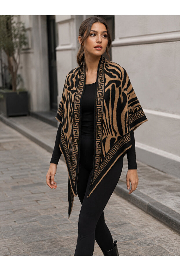 Women's Brown Zebra Patterned Border Triangle Shawl Sal1309