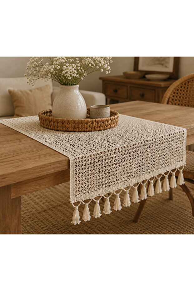 Natural Wicker Textured Cotton Tasseled Decorative Runne