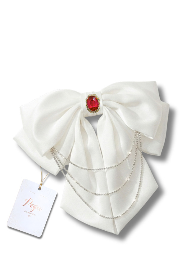 Royale, White Satin Ribbon Bow Hair Clip, Automatic Hair Clip. Preschool, School, Elementary School, Children's and Youth Buckle Accessories, Wedding Engagement Celebration Invitation Evening Dresses.