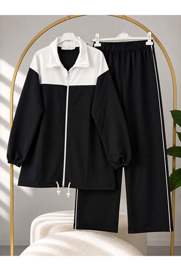 Women's Hijab White Block Patterned Pants Suit Black