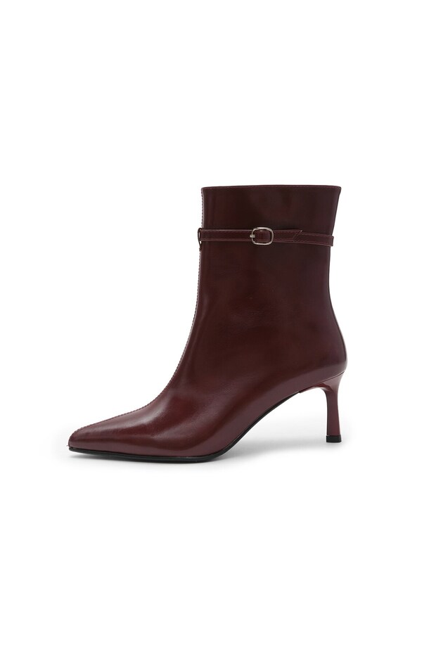 Burgundy Color Belt Detailed Pointed Toe Women's Heeled Boots