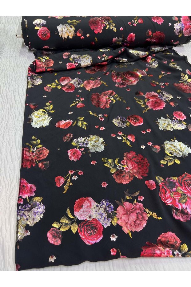Patterned Chiffon Fabric - Red and White Rose Patterned