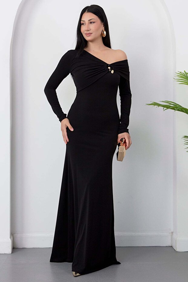 One-Shoulder Madonna Collar Buckle Dress K-252672