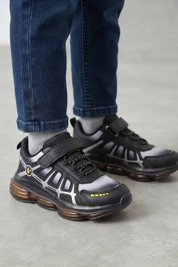Children's Black Gray Sports Shoes with Velcro Flexible Laces and Thick Sole Casual Sneakers