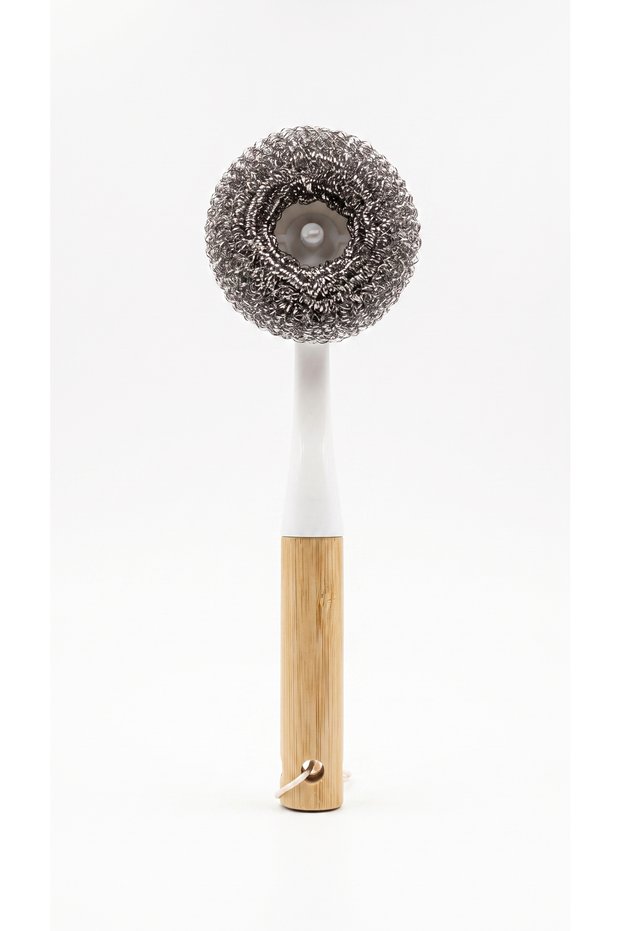 Bamboo Handle Steel Wire Scrubbing Brush, Dishwashing Wire with Handle, 24 cm