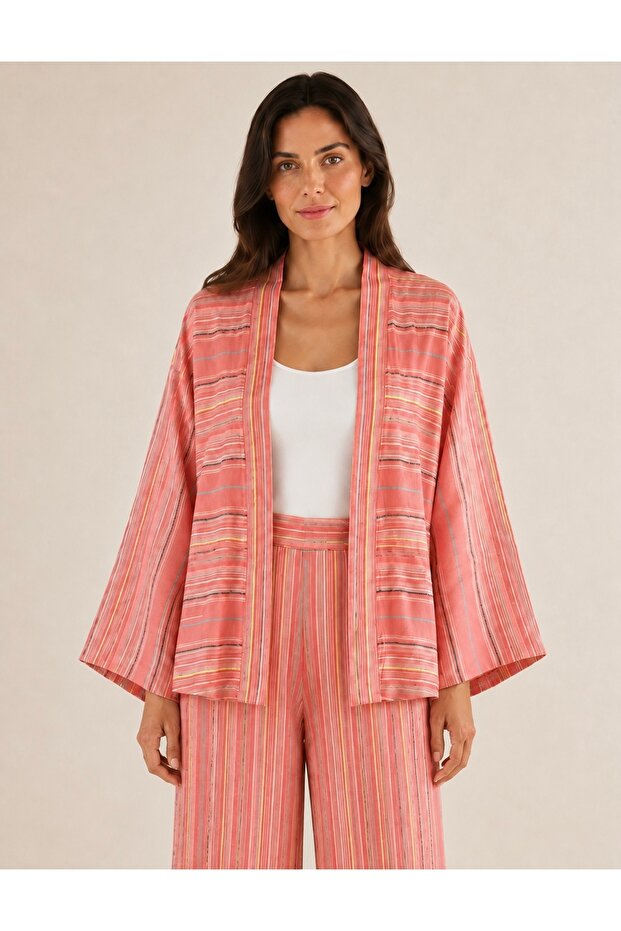 Coral Striped Linen Double Pants Summer Set