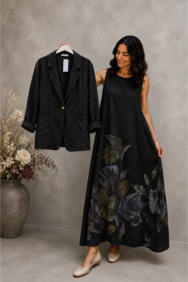 Women's Original Italian 100% Linen Fabric Patterned Long Sleeve Jacket and Thick Strap Dress Set 44-46