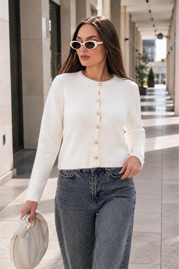 Women's Button Closure Bearded Knitwear Knitted Cardigan 265038