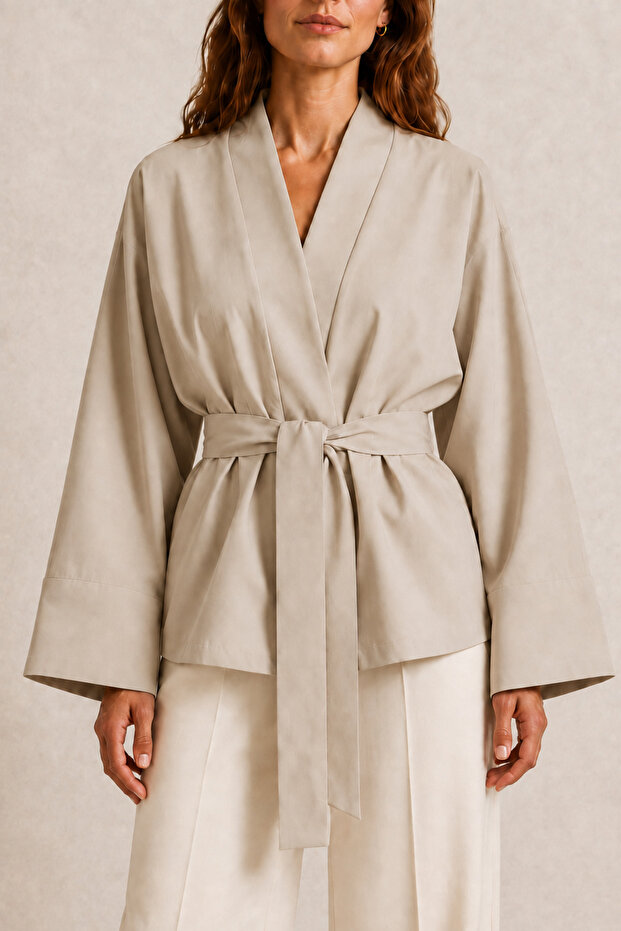 Stone Color Belted Kimono Jacket