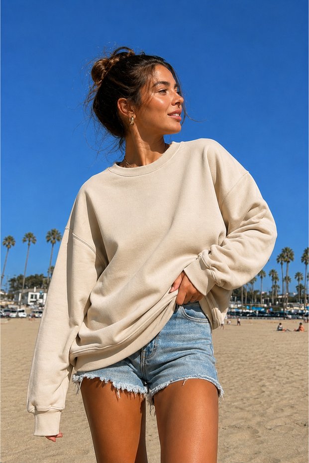 Women's Beige Crew Neck Plain Unprinted Oversize Sweatshirt