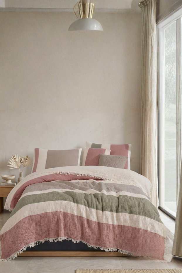 Liora 4 Layer Muslin Double Bedspread 100% Cotton Striped with Tassels 220X240 cm