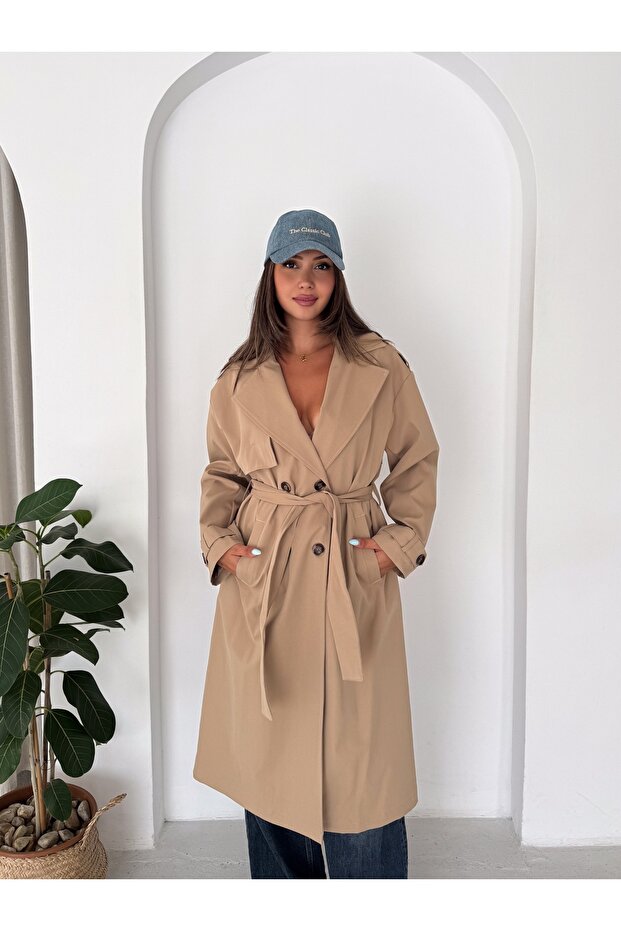 Women's Beige Lined Long Trench Coat with Windbreaker Detail on the Front