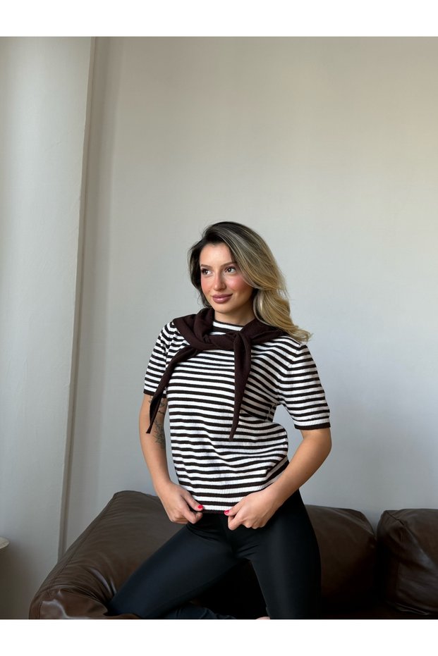 Women's Brown Striped Knitwear Blouse with Tie Detail