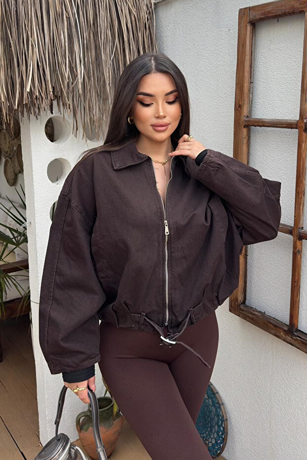 Women's Belt Detailed Denim Jacket – Oversized Zippered Denim Jacket