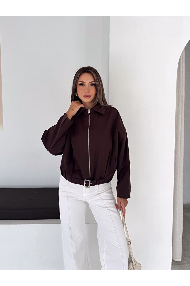 Belted Bomber Zippered Trench Jacket