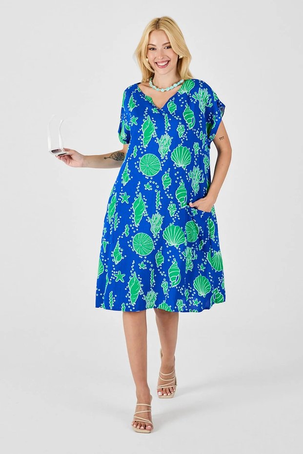Women's Patterned Summer V-Neck Midi Length Short Sleeve Dress 12C-2416