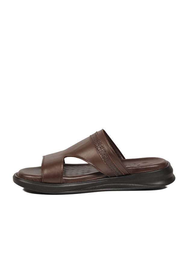 Brown Genuine Leather Double-Strapped Comfortable Sole Men's Slippers M788 m
