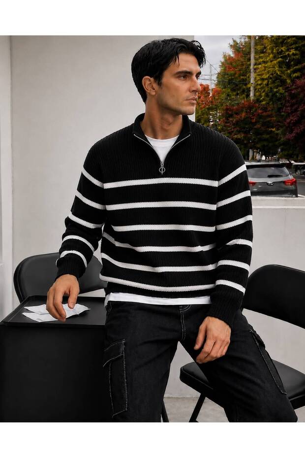 Men's Striped Knitwear Sweater Half Zipper Stand Collar Regular Fit Winter Long Sleeve Sweater