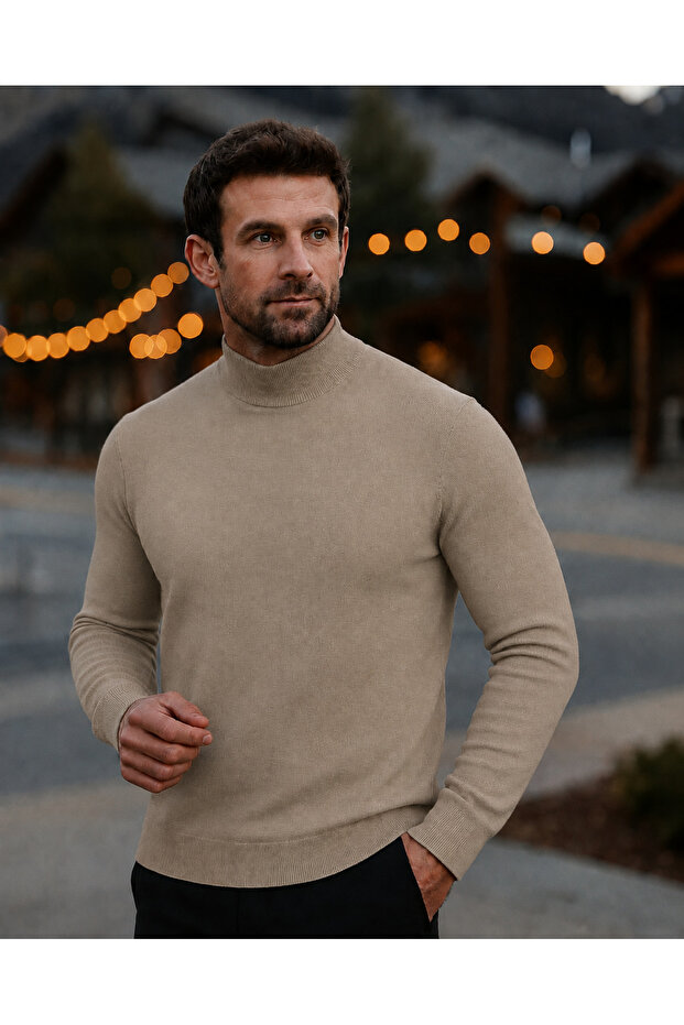Men's Basic Winter Half-Throat Long Cream Sweater