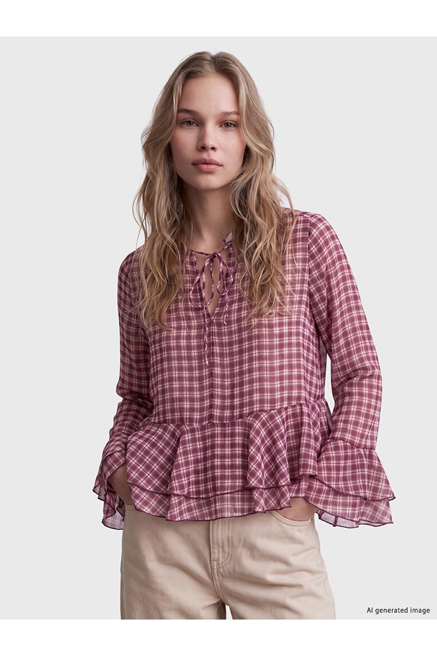 Two Mt Shop Quality Lcw Vision Pink Chiffon Plaid Tie Collar Long Sleeve Women's Blouse