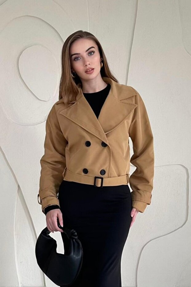 Camel Belted Short Trench Coat