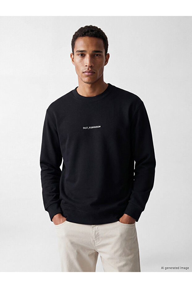 Lcw Vision Black Crew Neck Slogan Printed Men's Sweatshirt