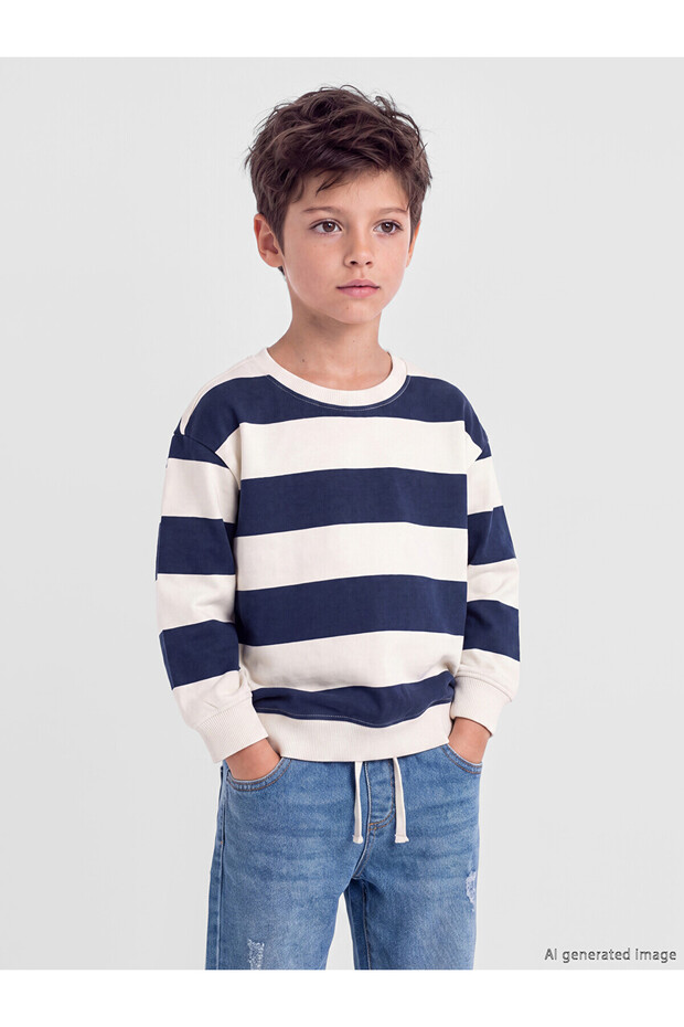 Lcw Kids Navy Blue Crew Neck Striped Boy's Sweatshirt