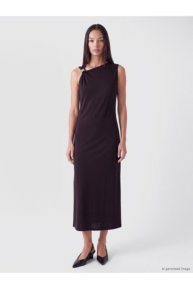 Lcw Everyday Burgundy Asymmetrical Collar Gathered Soft Touch Dress