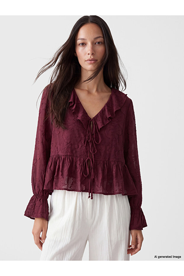Lcw Everyday Burgundy V-Neck Ruffled Blouse with Tie Detail