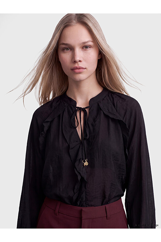 Lcw Vision Black Tie Collar Ruffle Chiffon Blouse